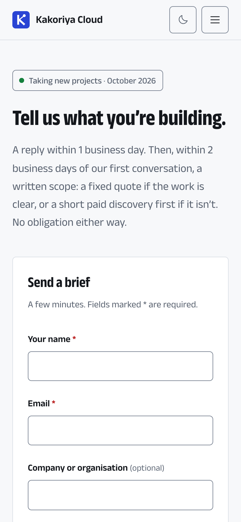 This website's contact page on a phone: the availability line, the heading "Tell us what you're building", the reply and scope promise, and the top of the brief form.